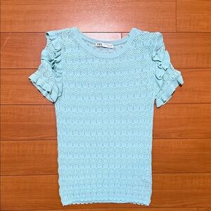 Zara Light Blue/Green Lace Ruffle Sleeve Top